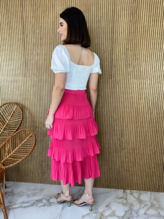 Saia Midi com Detalhe em Plissado Rosa - Fernanda Ramos Store