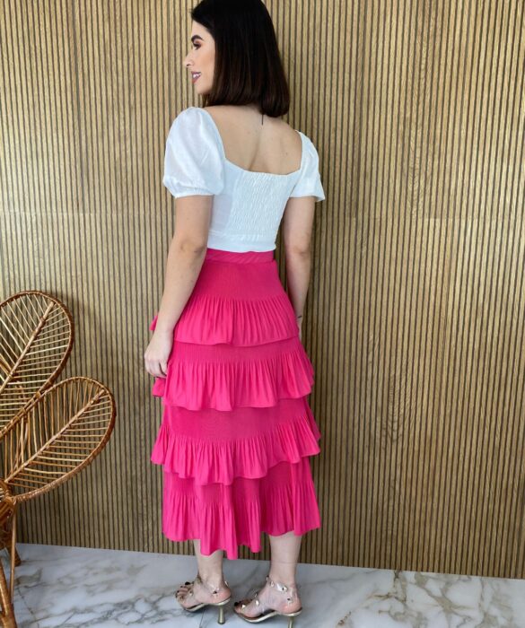 Saia Midi com Detalhe em Plissado Rosa - Fernanda Ramos Store