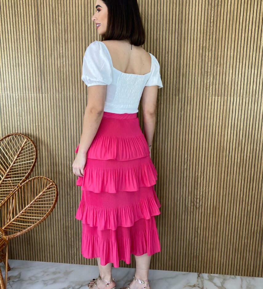 Saia Midi com Detalhe em Plissado Rosa - Fernanda Ramos Store