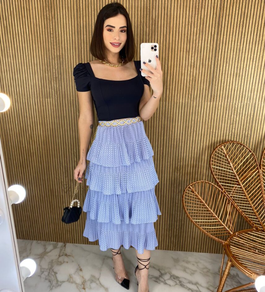 Saia Midi com Detalhe em Plissado Poá Lilás - Fernanda Ramos Store