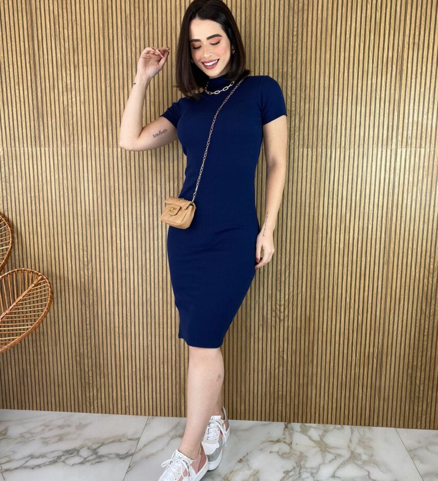 fernandaramosstore com br vestido canelado sem bojo manga curta gola azul marinho