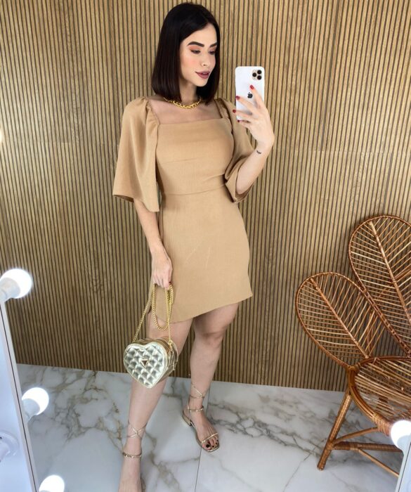 Vestido Curto com Bojo Manga Curta Amarração Atrás Bege - Fernanda Ramos Store