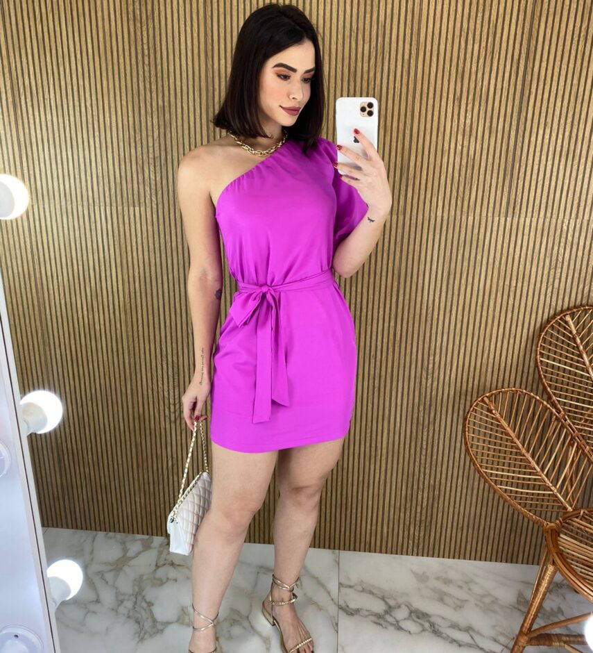 Vestido Curto Mula Manca sem Bojo com Amarração Fúcsia - Fernanda Ramos Store