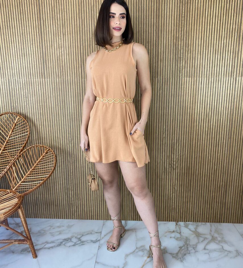 Vestido Curto sem Bojo com Bolsos e Amarração Atrás Bege - Fernanda Ramos Store