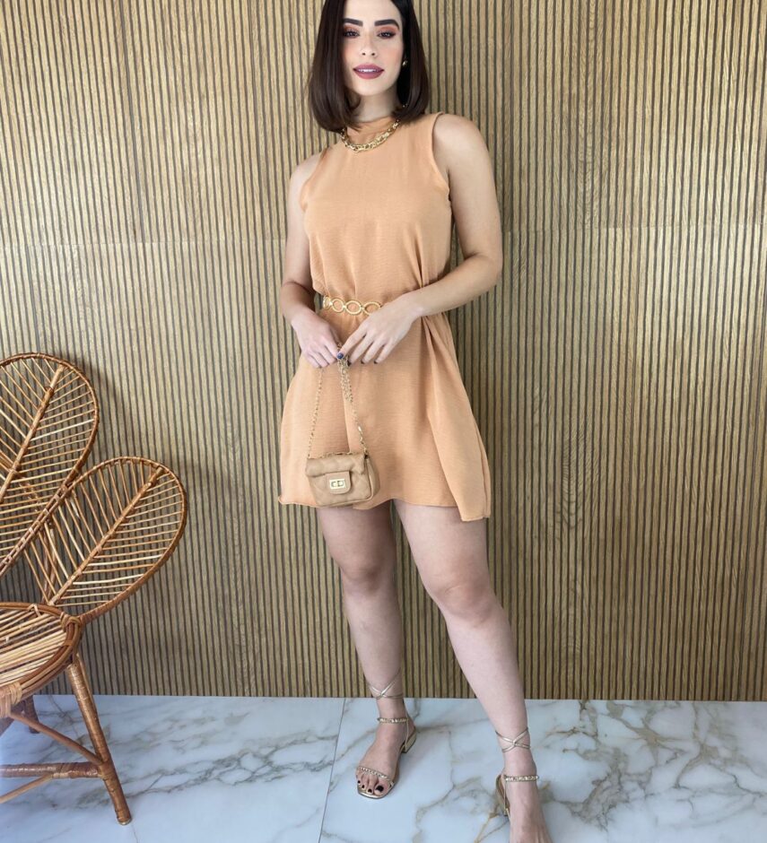 Vestido Curto sem Bojo com Bolsos e Amarração Atrás Bege - Fernanda Ramos Store