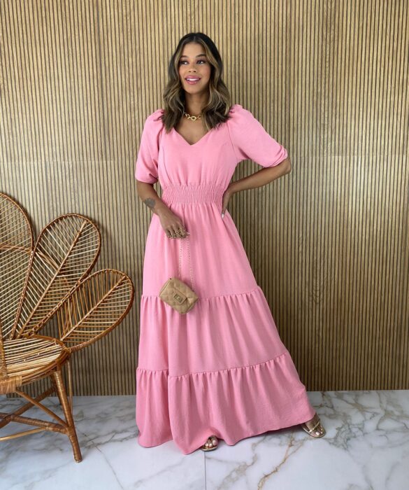 fernandaramosstore com br vestido longo com bojo manga 34 lastex na cintura rosa 1