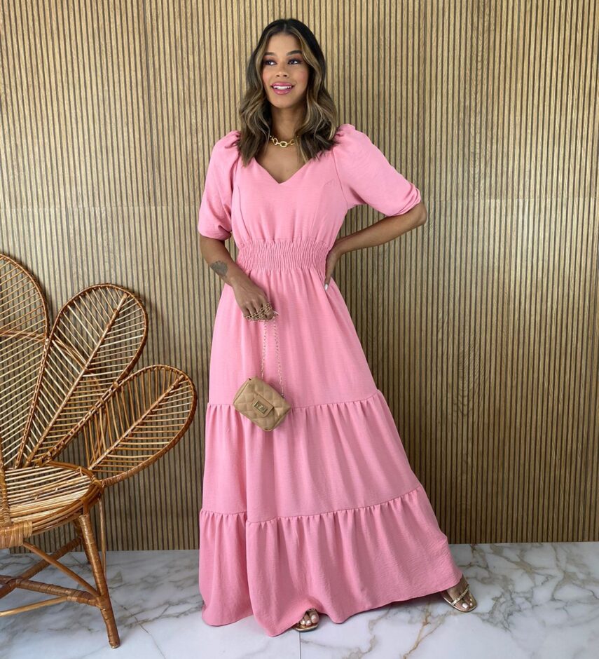 fernandaramosstore com br vestido longo com bojo manga 34 lastex na cintura rosa 1