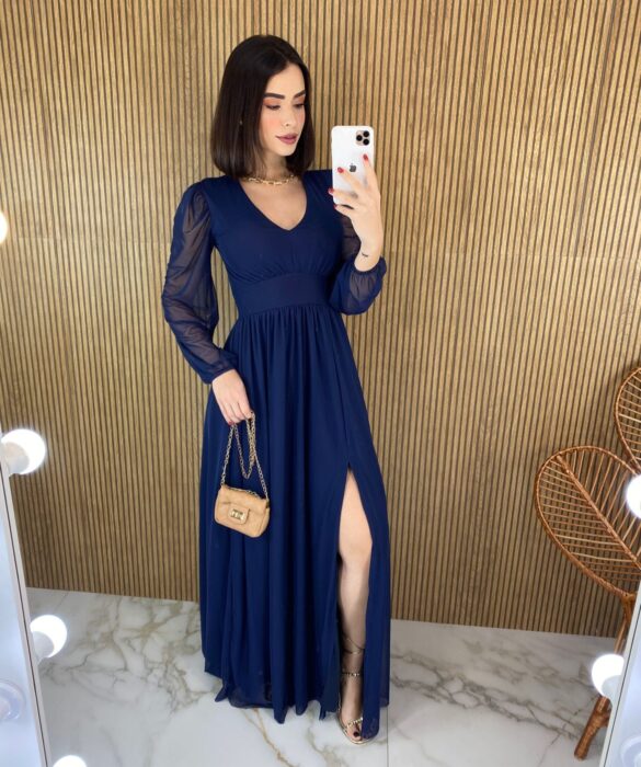 fernandaramosstore com br vestido longo com bojo tule azul marinho manga longa com fenda 1