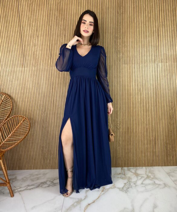 fernandaramosstore com br vestido longo com bojo tule azul marinho manga longa com fenda