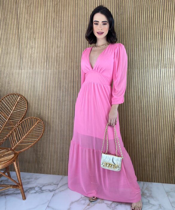 Vestido Longo com Bojo Tule Manga Longa Rosa - Fernanda Ramos Store