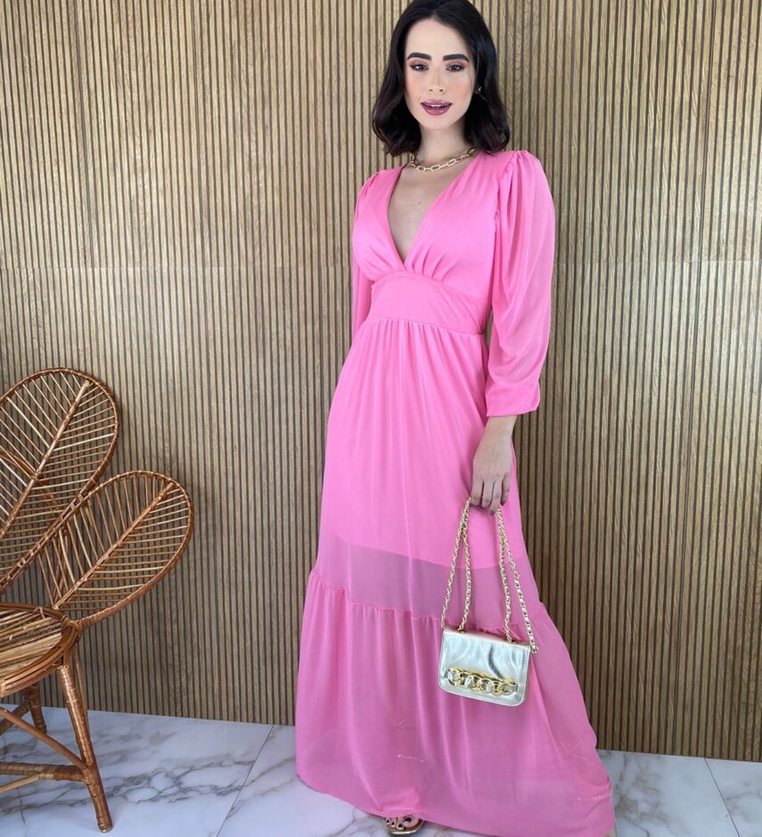 Vestido Longo com Bojo Tule Manga Longa Rosa - Fernanda Ramos Store