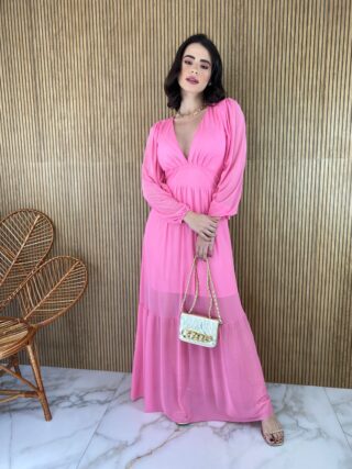 Vestido Longo com Bojo Tule Manga Longa Rosa - Fernanda Ramos Store