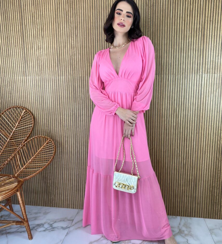 Vestido Longo com Bojo Tule Manga Longa Rosa - Fernanda Ramos Store