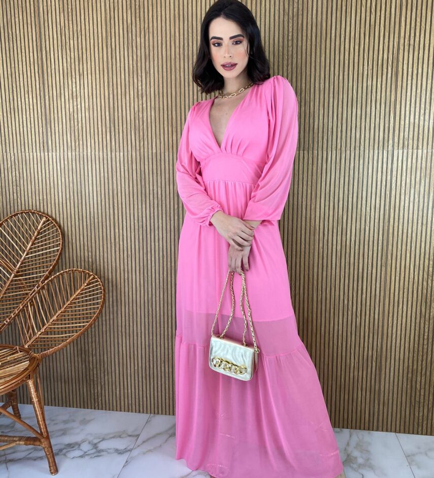 Vestido Longo com Bojo Tule Manga Longa Rosa - Fernanda Ramos Store