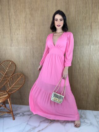 Vestido Longo com Bojo Tule Manga Longa Rosa - Fernanda Ramos Store