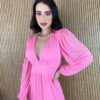 Vestido Longo com Bojo Tule Manga Longa Rosa - Fernanda Ramos Store