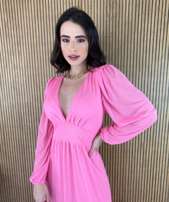 Vestido Longo com Bojo Tule Manga Longa Rosa - Fernanda Ramos Store