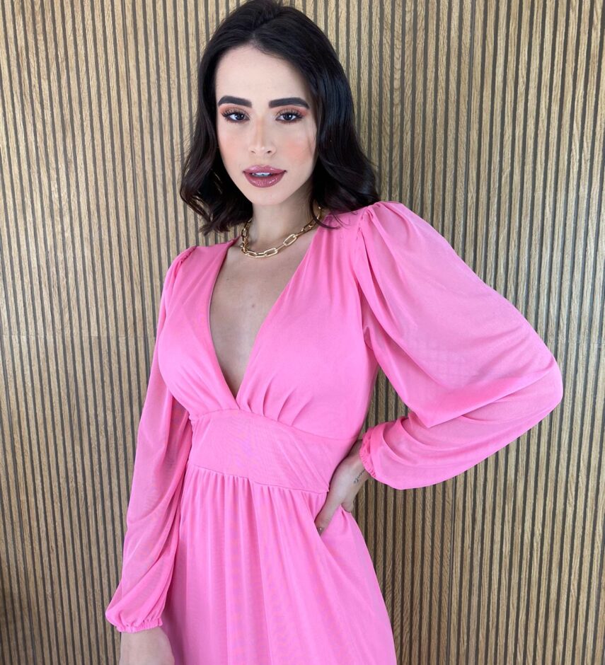 Vestido Longo com Bojo Tule Manga Longa Rosa - Fernanda Ramos Store