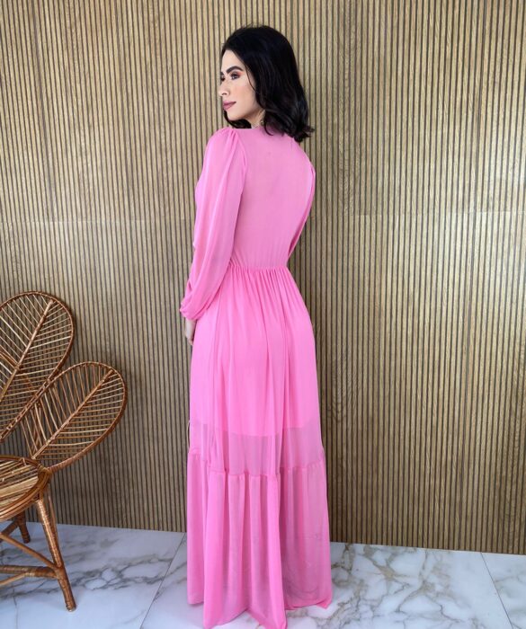 Vestido Longo com Bojo Tule Manga Longa Rosa - Fernanda Ramos Store