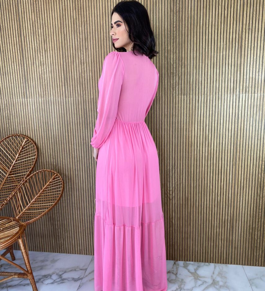 Vestido Longo com Bojo Tule Manga Longa Rosa - Fernanda Ramos Store