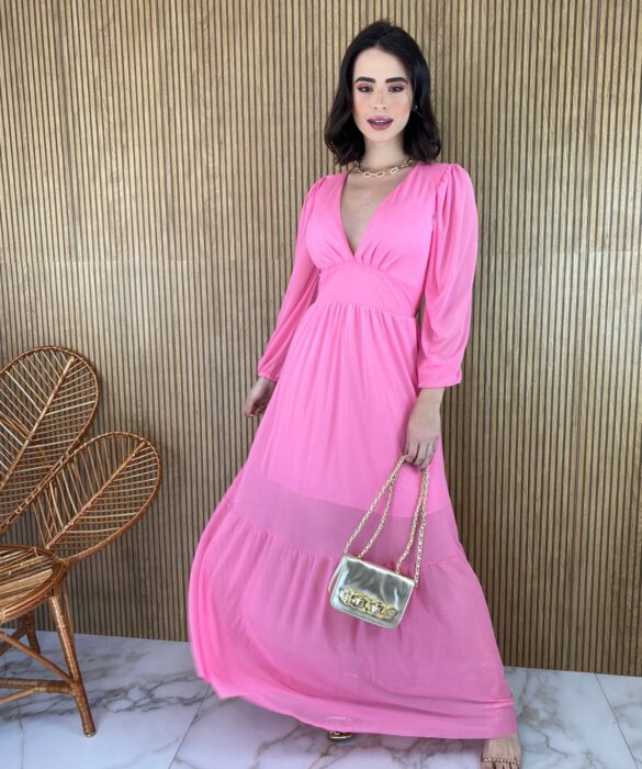 Vestido Longo com Bojo Tule Manga Longa Rosa - Fernanda Ramos Store