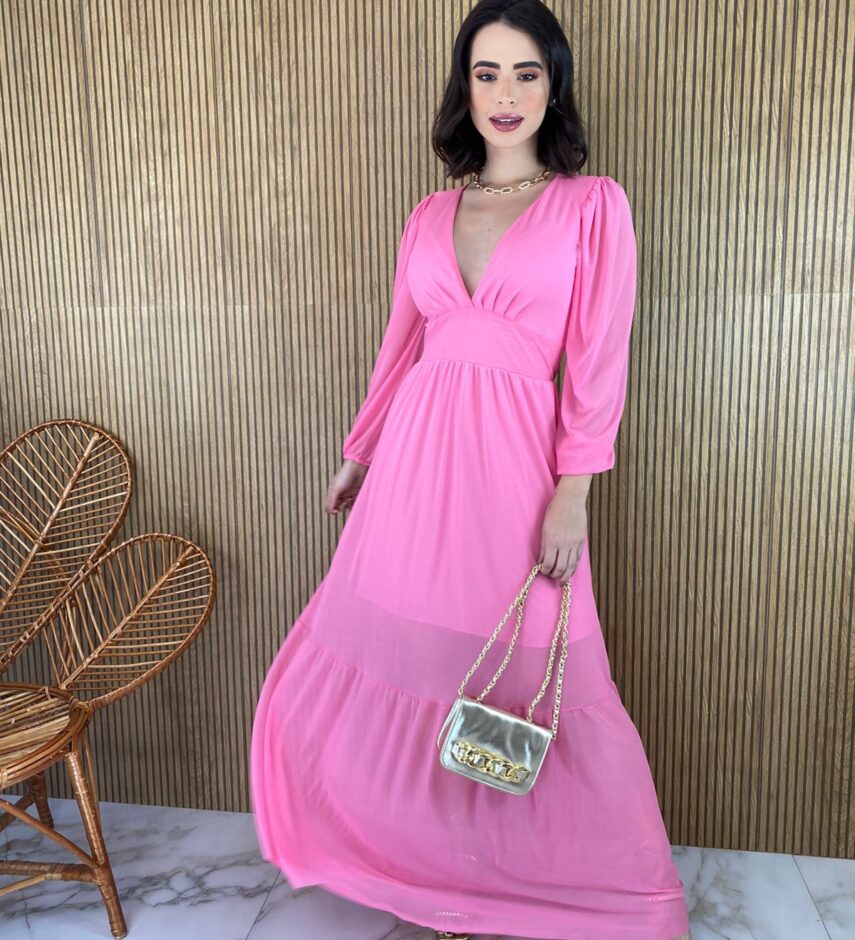 Vestido Longo com Bojo Tule Manga Longa Rosa - Fernanda Ramos Store