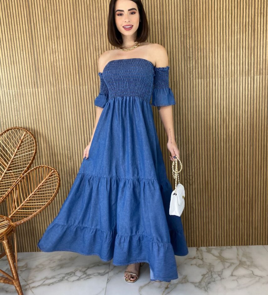 fernandaramosstore com br vestido longo jeans com lastex ombro a ombro