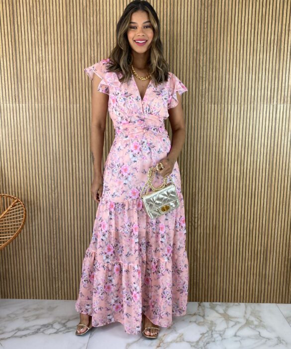 fernandaramosstore com br vestido longo manga curta sem bojo crepe floral fundo rosa bebe