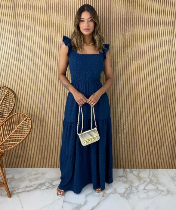 Vestido Longo Pipoquinha Azul Marinho - Fernanda Ramos Store