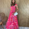 Vestido Longo sem Bojo Estampado Pink Alça com Babado - Fernanda Ramos Store