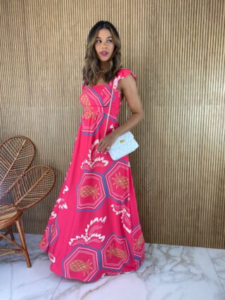 Vestido Longo sem Bojo Estampado Pink Alça com Babado - Fernanda Ramos Store