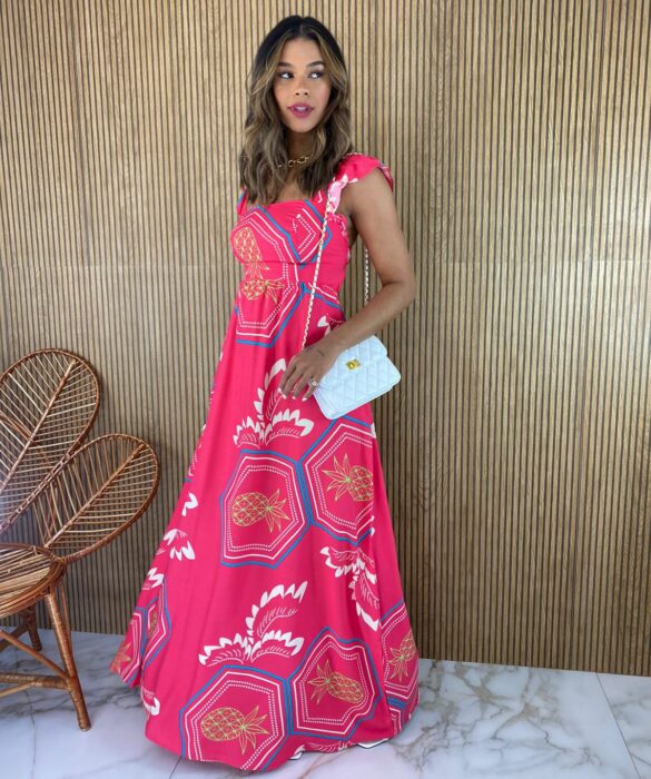 Vestido Longo sem Bojo Estampado Pink Alça com Babado - Fernanda Ramos Store