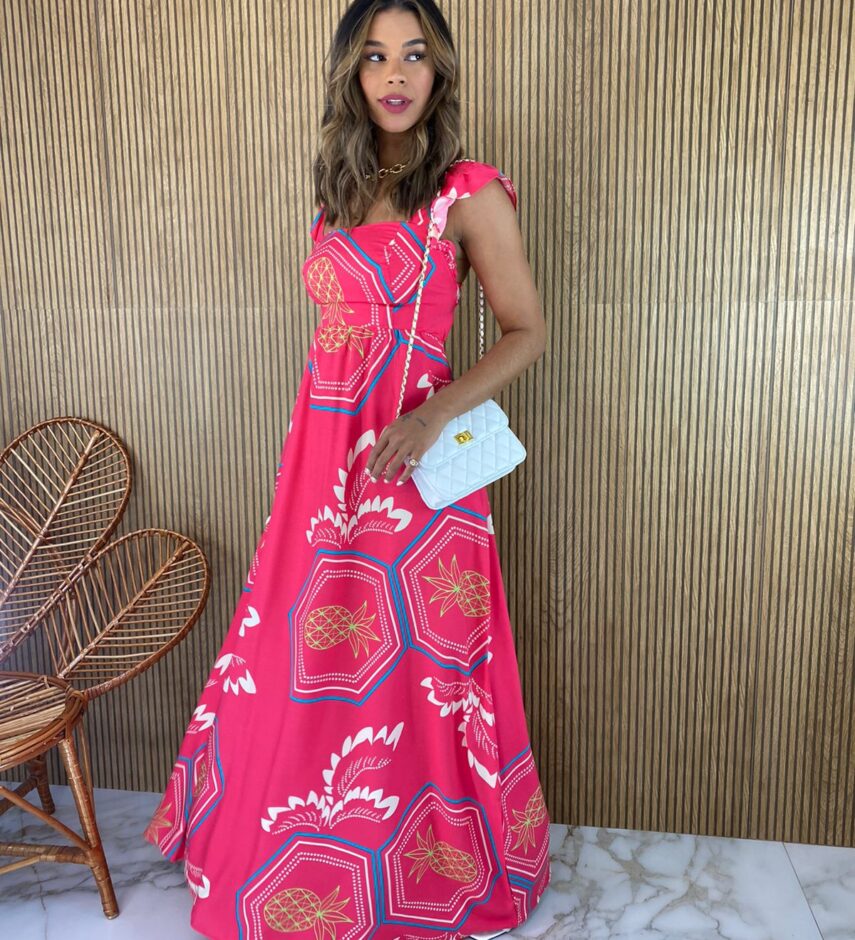 Vestido Longo sem Bojo Estampado Pink Alça com Babado - Fernanda Ramos Store