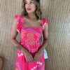 Vestido Longo sem Bojo Estampado Pink Alça com Babado - Fernanda Ramos Store