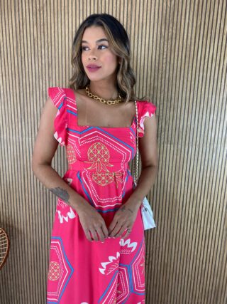 Vestido Longo sem Bojo Estampado Pink Alça com Babado - Fernanda Ramos Store