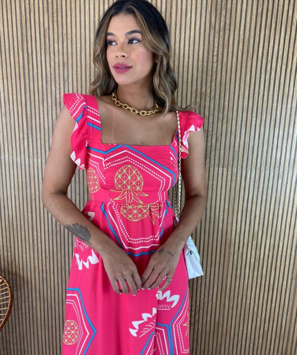 Vestido Longo sem Bojo Estampado Pink Alça com Babado - Fernanda Ramos Store