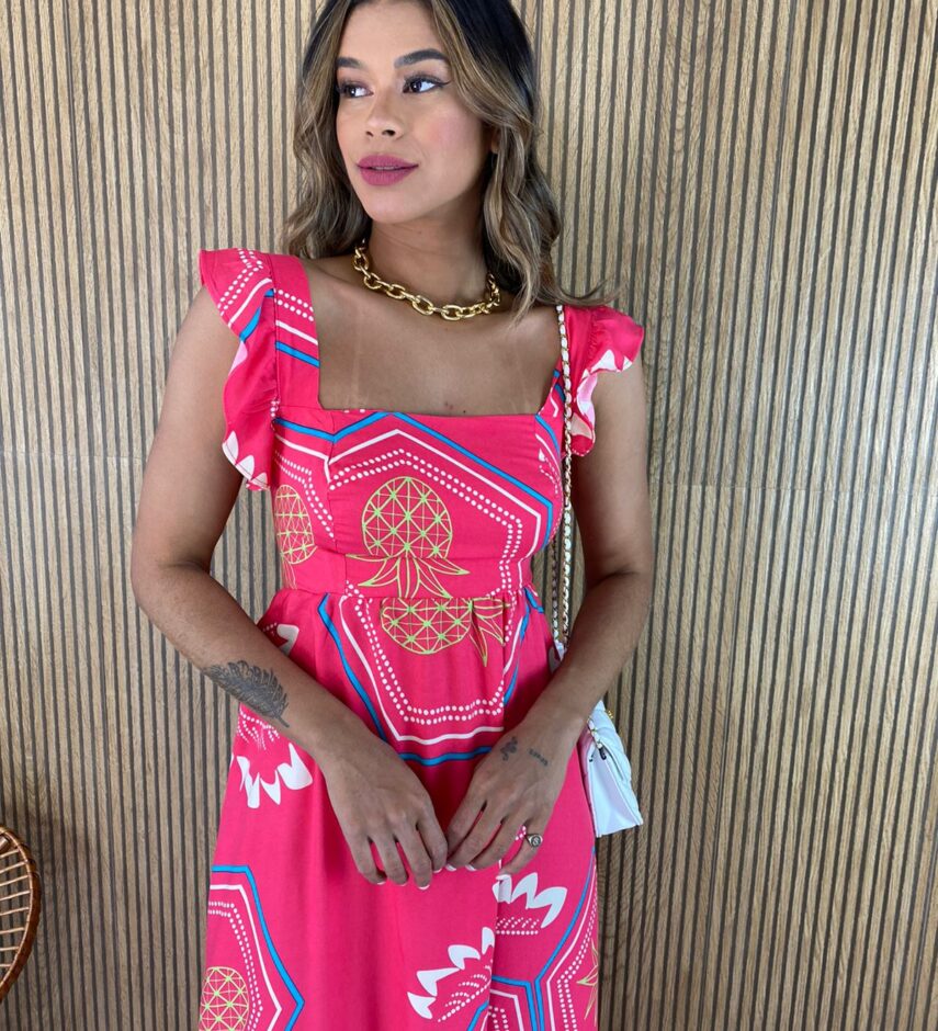 Vestido Longo sem Bojo Estampado Pink Alça com Babado - Fernanda Ramos Store