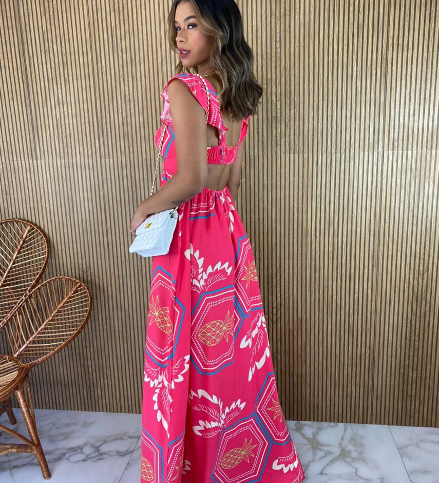 Vestido Longo sem Bojo Estampado Pink Alça com Babado - Fernanda Ramos Store