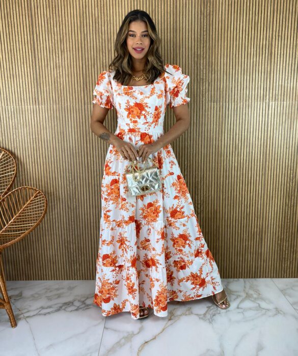 fernandaramosstore com br vestido longo sem bojo off white floral laranja manga bufante 2