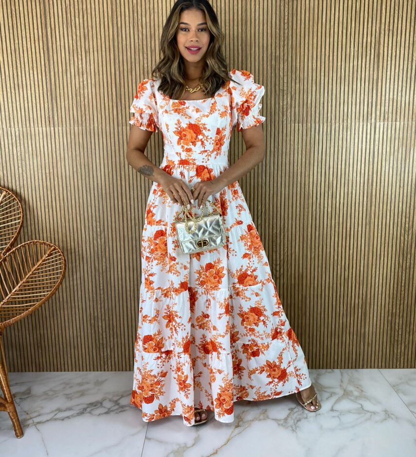 fernandaramosstore com br vestido longo sem bojo off white floral laranja manga bufante 2
