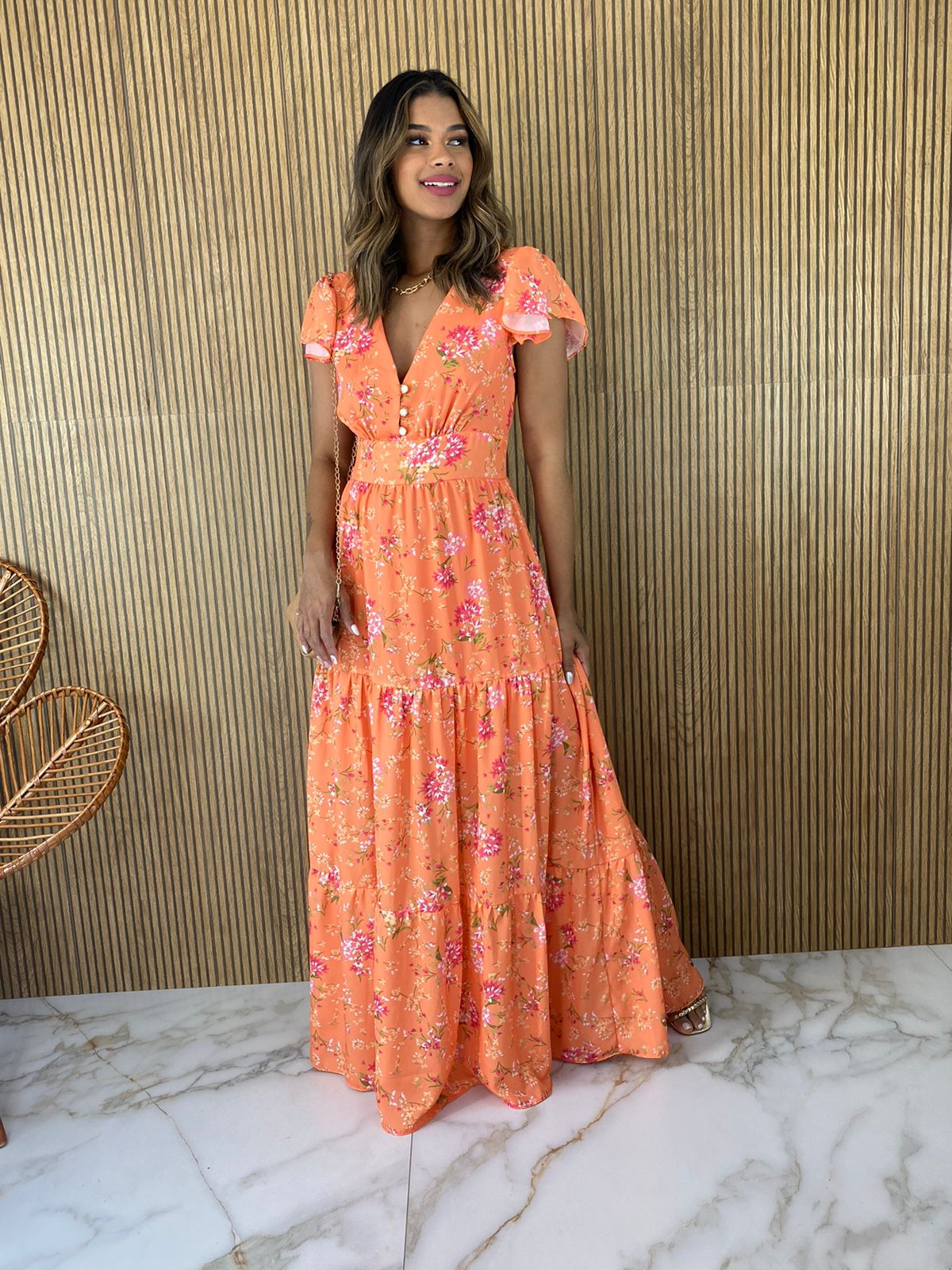 Vestido Longo sem Bojo Estampado Borboletas Laranja - Fernanda