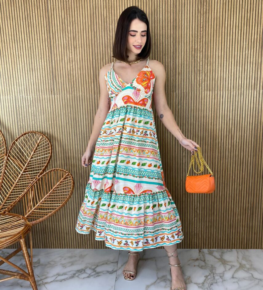 Vestido Midi sem Bojo Alça Regulável Estampado - Fernanda Ramos Store