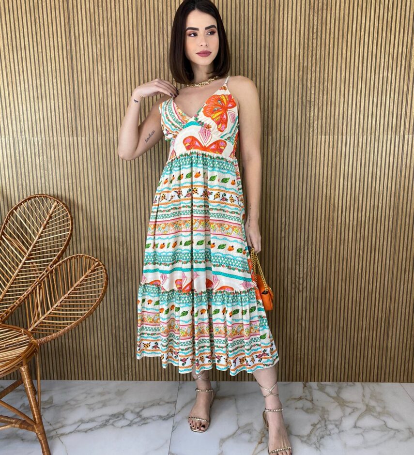 Vestido Midi sem Bojo Alça Regulável Estampado - Fernanda Ramos Store