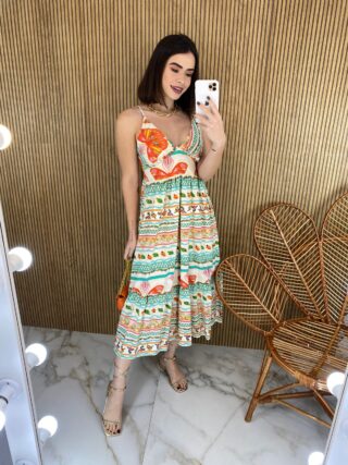 Vestido Midi sem Bojo Alça Regulável Estampado - Fernanda Ramos Store