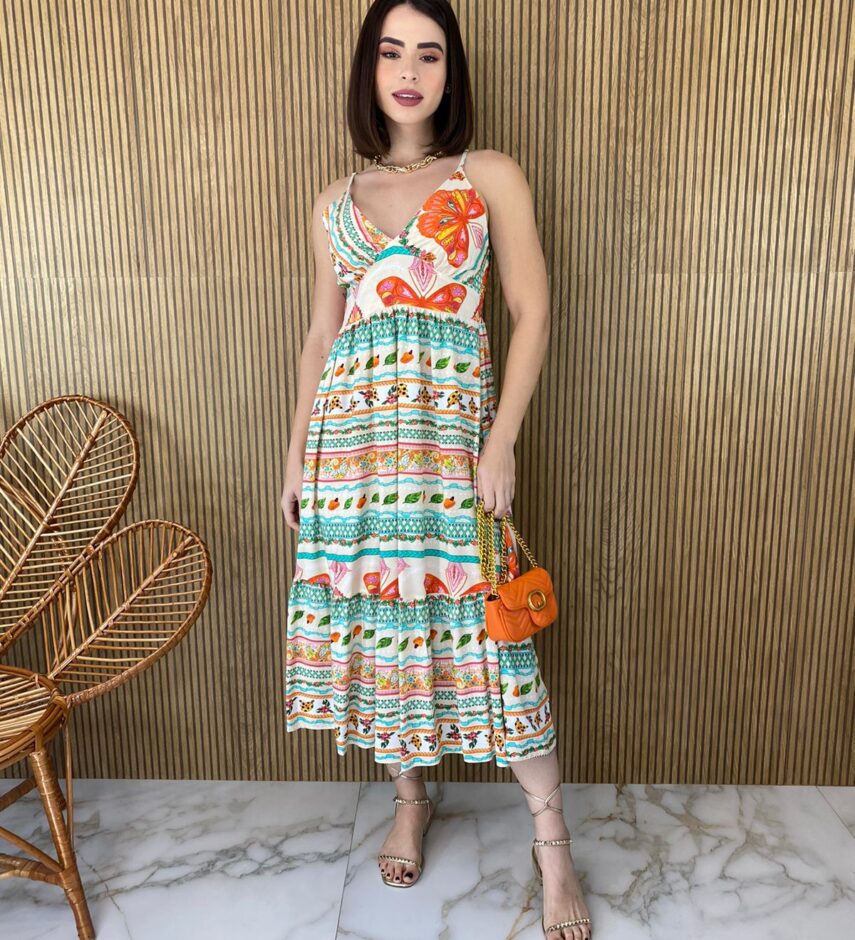 Vestido Midi sem Bojo Alça Regulável Estampado - Fernanda Ramos Store
