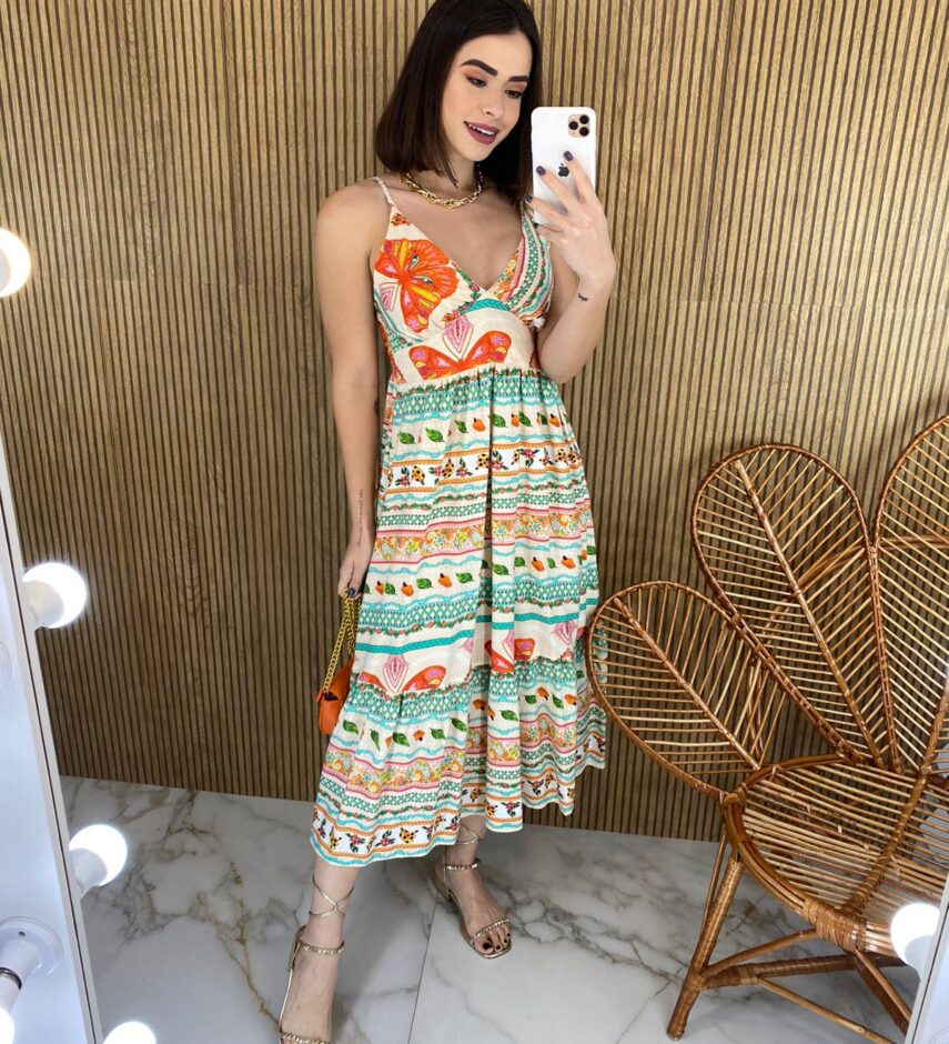Vestido Midi sem Bojo Alça Regulável Estampado - Fernanda Ramos Store