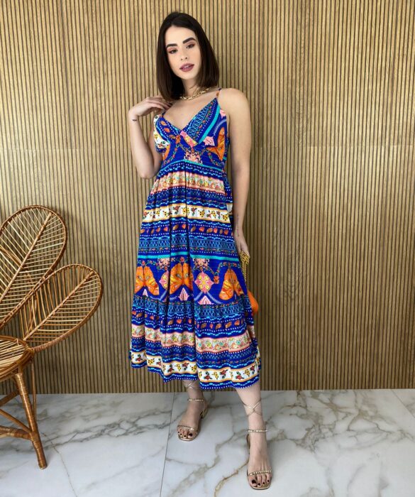 Vestido Midi sem Bojo Alça Regulável Estampado Azul - Fernanda Ramos Store