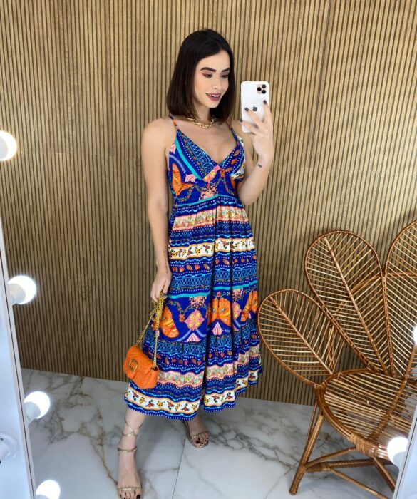 Vestido Midi sem Bojo Alça Regulável Estampado Azul - Fernanda Ramos Store