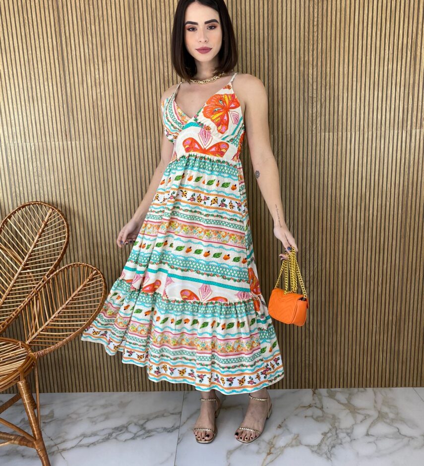 Vestido Midi sem Bojo Alça Regulável Estampado - Fernanda Ramos Store