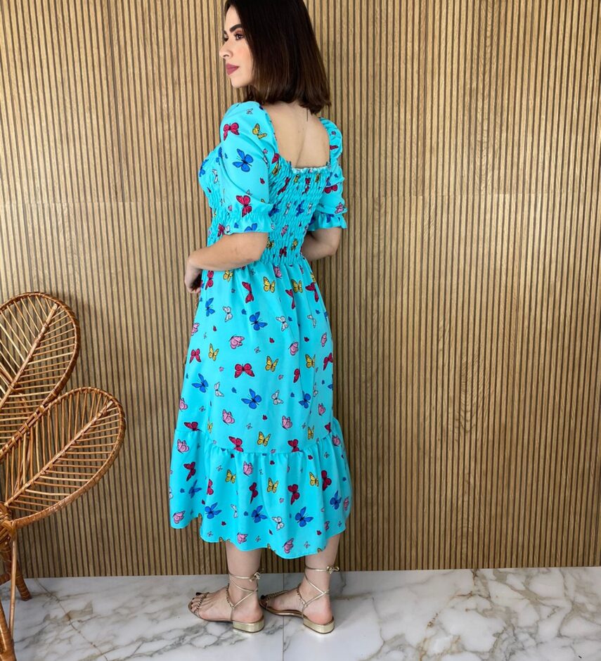 Vestido Midi sem Bojo com Lastex Estampa Borboletas Fundo Azul - Fernanda Ramos Store